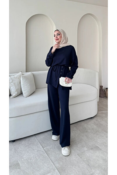 RFK Butik طقم بنطلون نسائي بأزرار جانبية وحزام - أزرق داكن