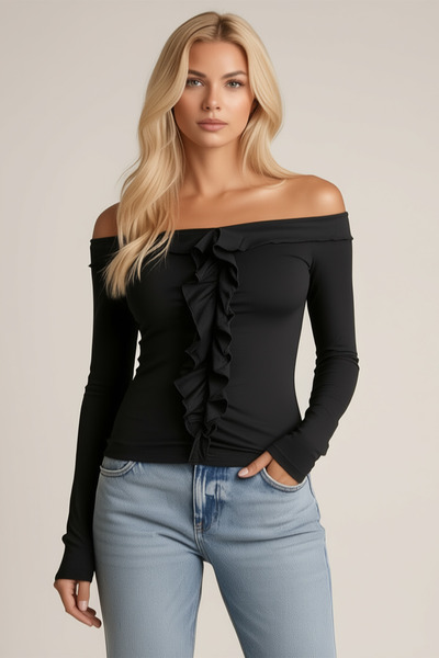 ecemore بلوزة مادونا بأكمام طويلة وتفاصيل كشكشة على الواجهة الأمامية