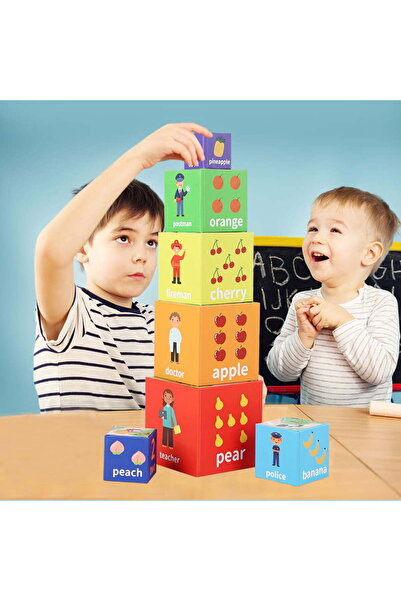 buz Set of 7 educational cardboard cubes – stacking tower with shapes, numbers & professions, multicol