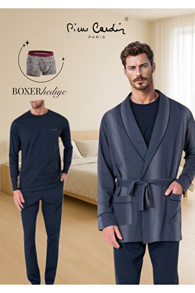 Pierre Cardin Men's Boxed 3-Piece Boxed 100% Cotton Robe & Long Sleeve Pajama Set (Modal Boxer Gift)