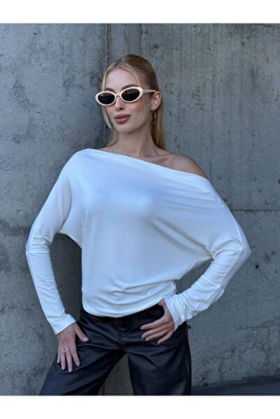 Le Savu Μοντέρνα ασύμμετρη μπλούζα με μακριά μανίκια, χαλαρή εφαρμογή, λευκό χρώμα