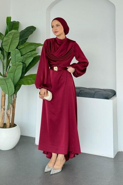Hazamoda Tailored Satin Evening Dress Burgundy