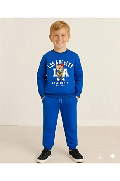 LİTTLE TORTOİSE Boy's Blue Sonic Printed Long Sleeve 3 Thread Shardedon Winter Sweatshirt / Tracksuit Set