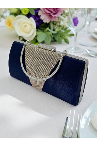 Biçanta Синя кришталева сумочка з атласу з срібними камінцями, металева ручка, елегантність