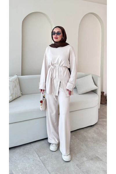 RFK Butik طقم بنطلون نسائي بأزرار جانبية وحزام - بيج