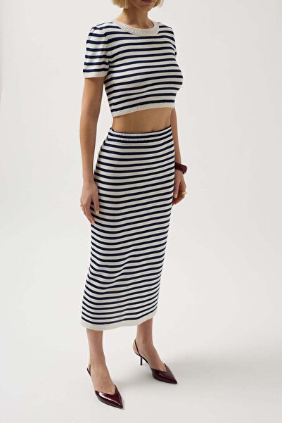 Maxi modena Striped Midi Textured White-Navy Blue Skirt - 38