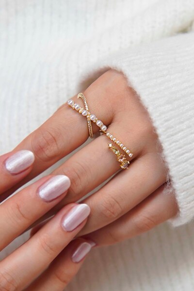 TREND COLLECTİON Zirkon Taşlı İnci Detaylı Vip Zarif 2'li Gold Kadın Yüzük Seti