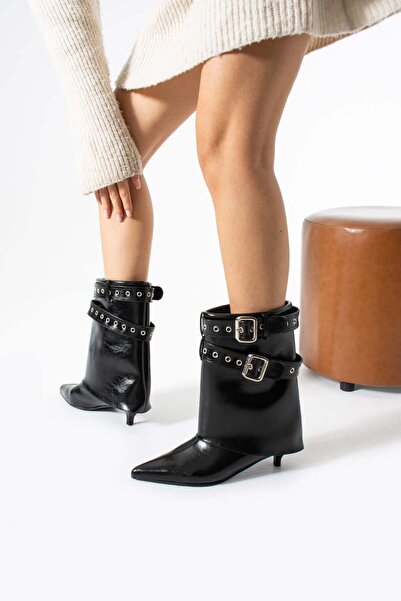 diclepolat Piora Kadın Aksesuar Detay Kırışık Deri Bot Siyah