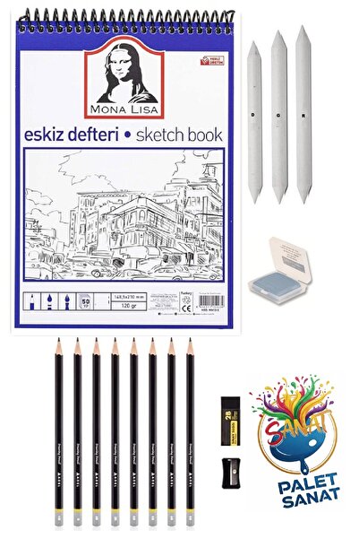 Palet Sanat Karakalem Çizim Seti MONALİSA A4 Eskiz Defteri Dereceli Kalem Seti Hamur Silgi 3lü Dağıtma Seti
