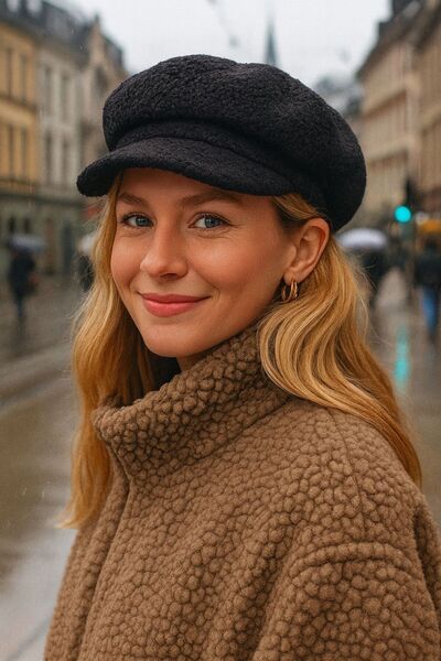 FELLMENS Siyah Kıvırcık Peluş Kasket Kadın Şapka