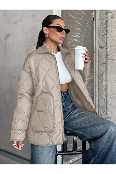 BORCKA TEKSTİL Bej Rengi Kapitone Kadın Mont