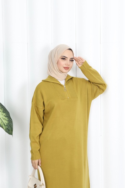 NİSUM MODA Corded Fabric Zippered Knitwear Dress