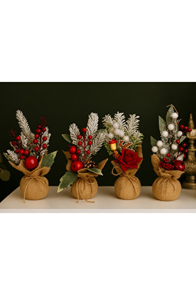 CEZVE HOME Dekoratif Nar Detaylı Karlı Kokina Ağacı Jüt Kumaş Saksılı Yapay Ağaç 23 cm