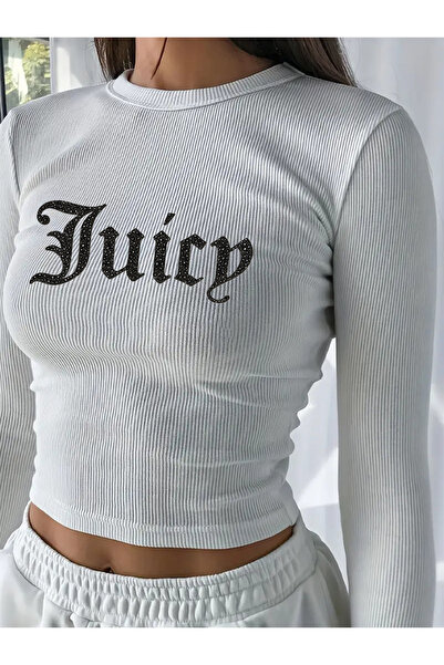 Bozz&Bozz Collection Γυναικεία μπλούζα Juicy Crystal Stone με τύπωμα με μακρύ μανίκι κοτλέ Crop