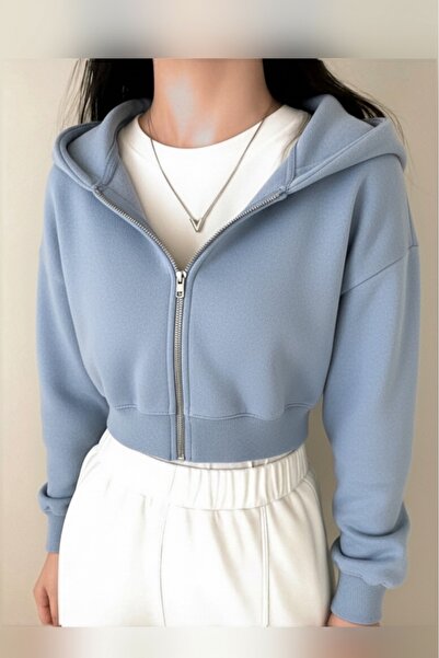 DEZZİİ Blue Zippered Crop Sweatshirt Cardigan