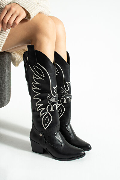 NUVE SHOES Siyah İkisi Bir Arada Tak Çıkar Özellikli İşlemeli Çizme