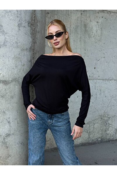 Le Savu Μοντέρνα ασύμμετρη μπλούζα με μακριά μανίκια, φαρδιά εφαρμογή, μαύρο χρώμα