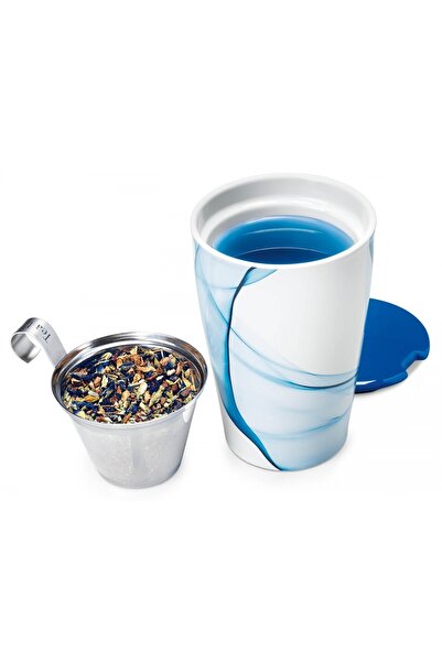 Tea Forte Ceramic Tea Mug with Double Walls and Stainless Steel Infuser - Kati Blue