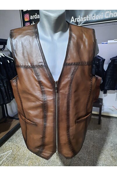 ArdaStilDeri Genuine Leather Style Zippered Tan Leather Vest