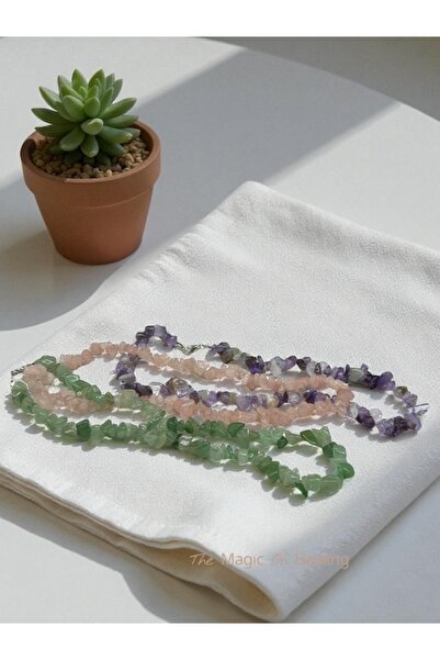 The Magıc of Healıng Natural Stone Broken Stone 3-Piece Necklace Set Amethyst, Aventurine, Pink Quartz