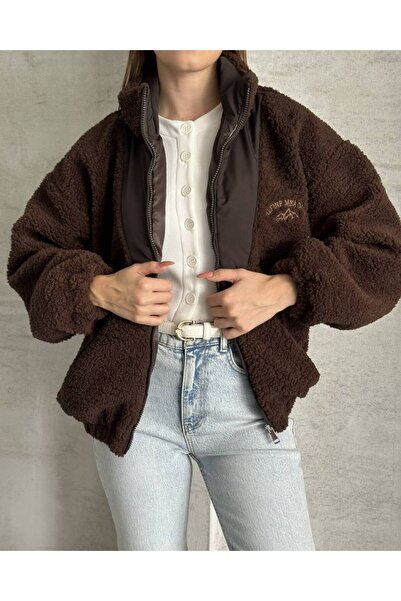 moda çağdaş Oversize Fermuarlı Peluş Ceket