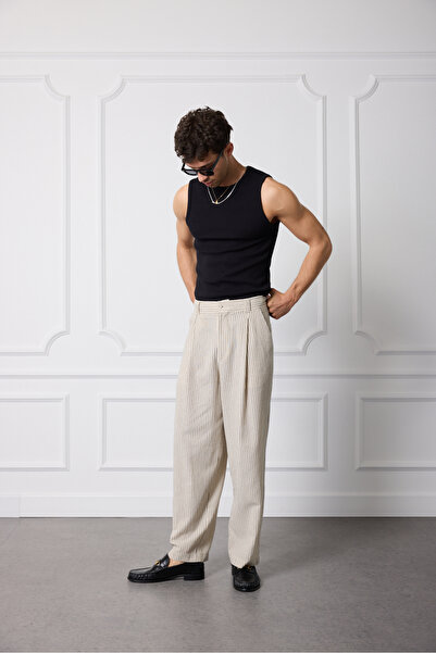 Beyyoglu Keten Karışımlı Çizgili Pantolon