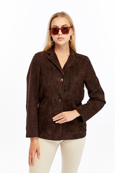 KENDE سترة نسائية من Monia بأزرار من الجلد الطبيعي باللون البني من جلد الغزال