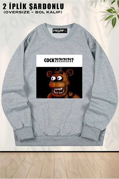 ZOKAWEAR Unisex Loose Fit Fnaf Freddy Cock?!?!?!?!? Meme Printed Design Oversized Crew Neck Sweatshirt