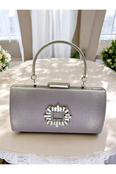 Biçanta Silver Grey Crystal Stone Satin Evening Dress Bag, Elegance with Metal Handle