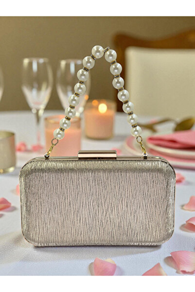 Biçanta Geantă de seară cu model cu dungi laser aurii, cu perle, pentru nuntă de noapte, nuntă, logodnă, absolvire