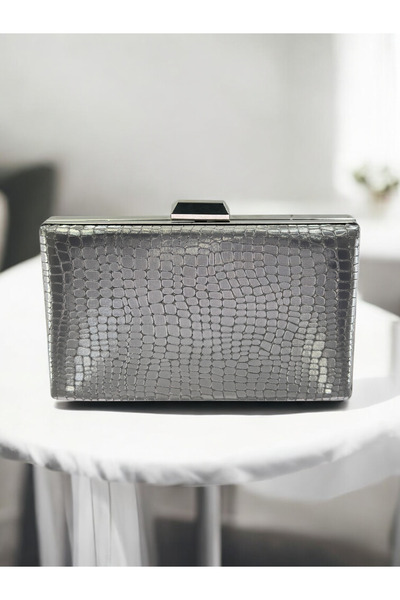 Biçanta Platinum Imported Crocodile Laser Glitter Patterned Evening Dress Bag