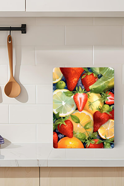 kutuTR لوح تقطيع من الزجاج المقسى بنمط الفاكهة الملونة مقاس 21 × 30 سم طباعة ...