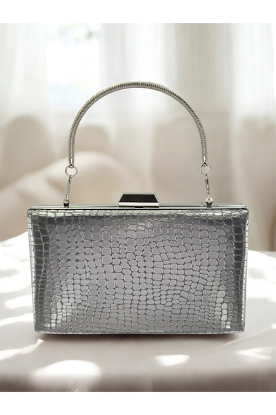 Biçanta Platinum Imported Crocodile Laser Glitter Patterned Evening Dress Bag
