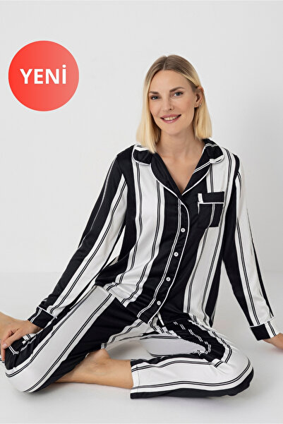 DOFİ Kadın Uzun Kollu Kışlık Saten Pijama Takımı – Siyah Beyaz Çizgili, Gömlek Yaka, Biyeli