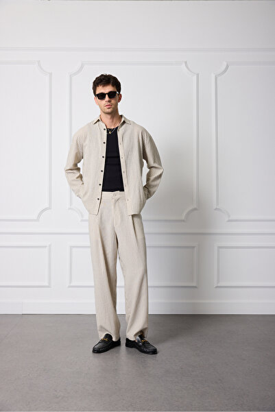 Beyyoglu Keten Karışımlı Çizgili Oversize Gömlek