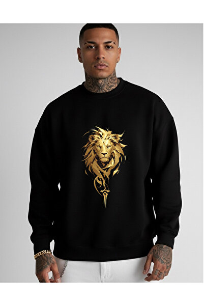 LORVEX Unisex Yeleli Aslan Ön Baskı Oversize Bisiklet Yaka Siyah Sweatshirt