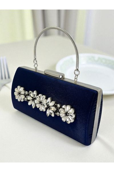 Biçanta Синя кришталева сумочка з атласу з срібними камінцями, металева ручка, елегантність