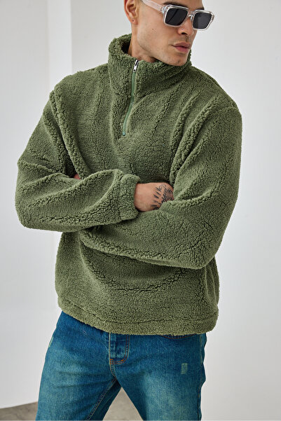 MADZEYMODA Ανδρικό φούτερ Premium ψηλός λαιμός με μισό φερμουάρ σε σκούρο πράσινο βελούδινο χρώμα LS-86081