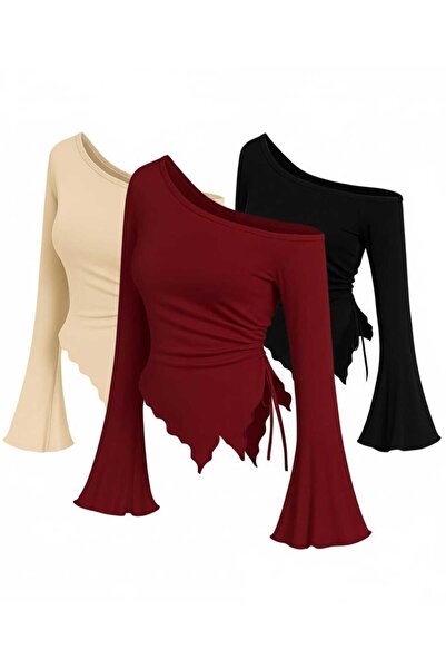 Lufthimm 3 'LÜ AVANTAJLI ŞIK OMUZU DÜŞÜK ÜST ESNEK BÜZGÜLÜ VE BAGCIKLI TASARIM İLKBAHAR VE SONBAHAR BLUZ