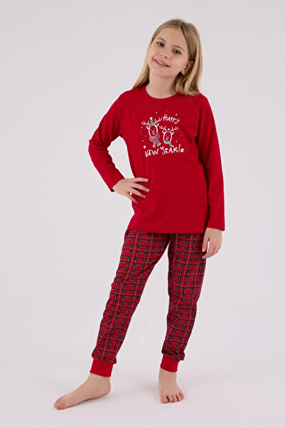 buHillco Arnetta Red Crew Neck Long Sleeve Girls Pajama Set