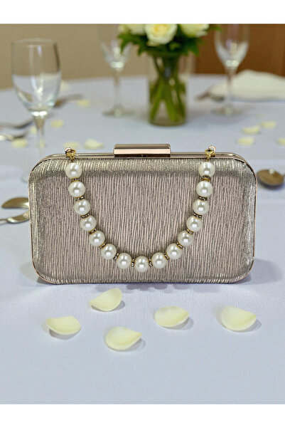 Biçanta Geantă de seară cu model cu dungi laser aurii, cu perle, pentru nuntă de noapte, nuntă, logodnă, absolvire