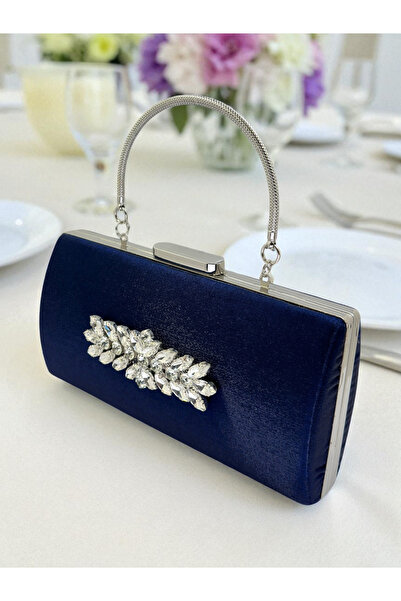 Biçanta Синя кришталева сумочка з атласу з срібними камінцями, металева ручка, елегантність