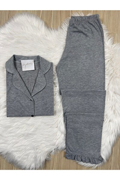 Pijamacs Gri Pamuklu Fırfır Detaylı Uzun Kol Önden Düğmeli Pijama Takımı