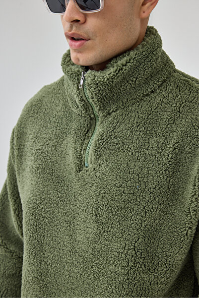 MADZEYMODA Ανδρικό φούτερ Premium ψηλός λαιμός με μισό φερμουάρ σε σκούρο πράσινο βελούδινο χρώμα LS-86081