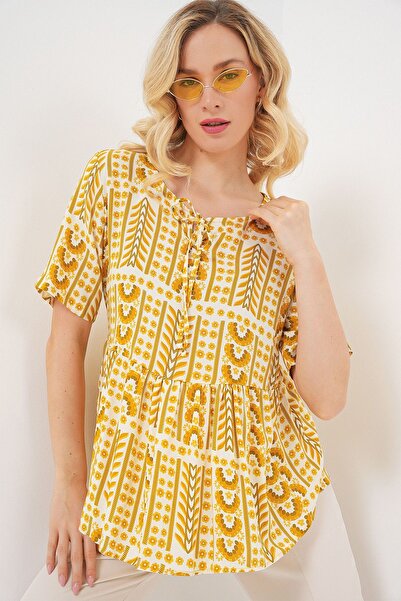 Hiccup Bdart Patterned Crew Neck Blouse with Tie Detail