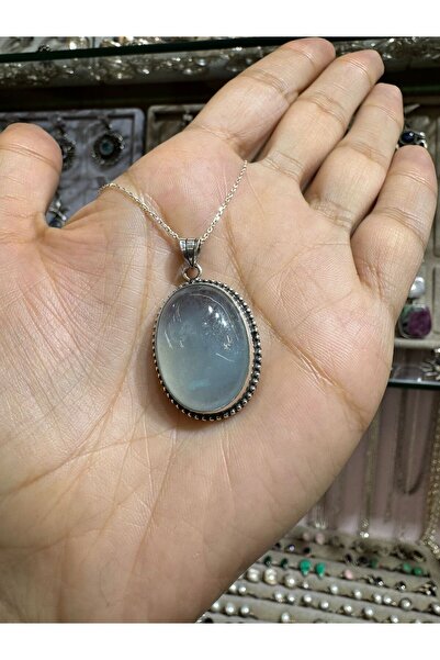 hayaltasari Doğal Akuamarin Taşlı Oval Model Gümüş Kolye 925 Ayar