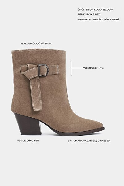 NİŞANTAŞI SHOES Bloom Rome Beige Suede Genuine Leather Pointed Toe Thick Heeled Belt Detail Women's Boots