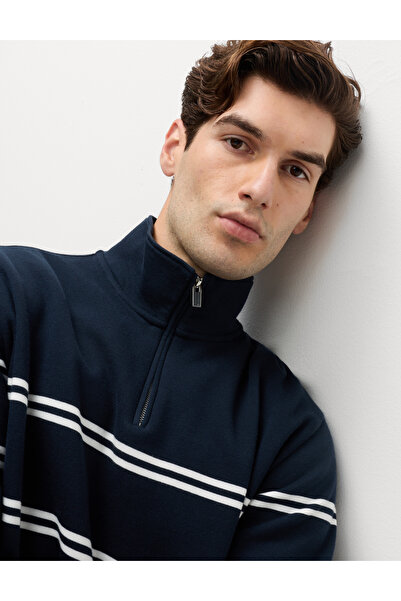 Marks & Spencer Pamuklu Çizgili Yarım Fermuarlı Sweatshirt