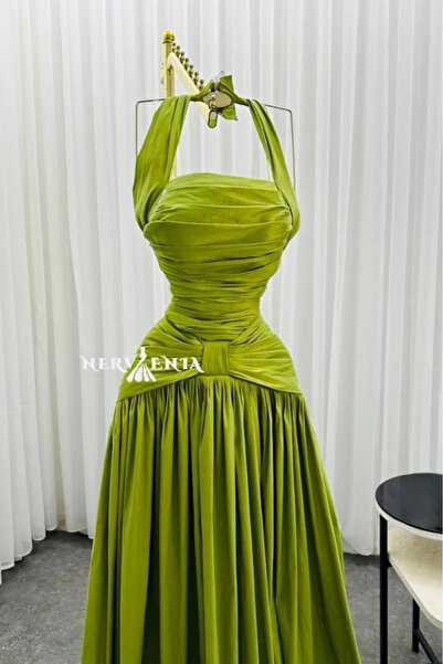 narvenia Lux Olive Draped Shantung Dress