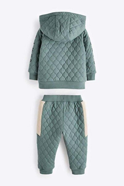 Magu Boy's Cotton Quilted Hooded Tracksuit Set - Green Beige Color